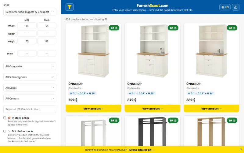 The FurnishScout site, showing dimension-filtered furniture results